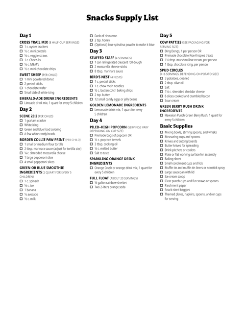 Snacks Supply List